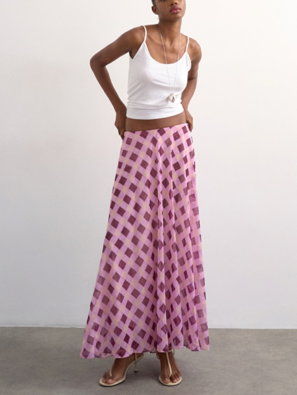 Topshop Sheer Full Circle Chiffon Skirt in Pink Check